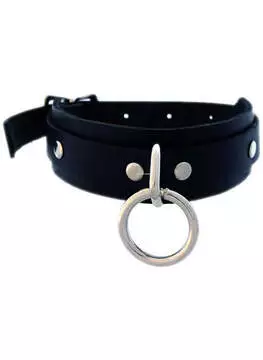 Front view of a black single leather choker with silver ring and metal accents