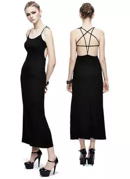 Front and back view of Aemilia Pentagram Back Gothic Dress in black with strappy back design and fitted silhouette