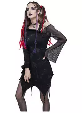 Front view of Amalda Gothic Dress with black lace and mesh long sleeves, fitted silhouette