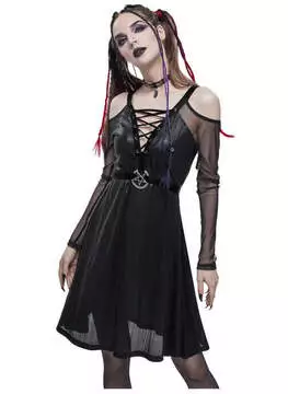 Front view of Annalise Pentagram Dress in black with lace-up bodice and sheer long sleeves