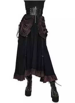 Front view of Arabella Victorian Skirt with black fabric, layered ruffles, and lace details