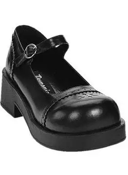 Front view of CRUX-07 black Maryjane shoes with rounded toe, chunky heel, and strap with buckle