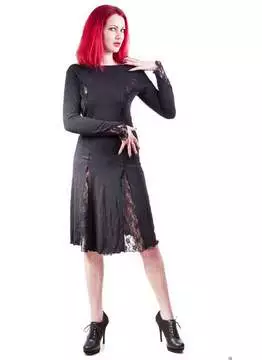 Full-length view of Cleone Mid Length Dress in black with sheer lace details and long sleeves