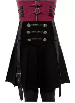 Front view of a Dark Academy Mini Skirt with high waist, button details, and black fabric with a layered design