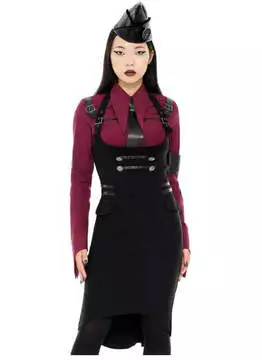 Front view of Darkwave Division Midi Skirt in black with side slit and layered design