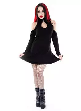 Front view of Daena Gothic Key Hole Dress in black with cold shoulder cutouts and long sleeves