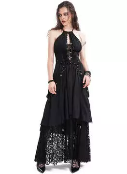 Close-up of black lace-up gothic maxi dress with lace overlay and satin ribbon ties