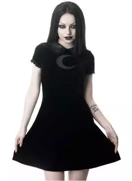 Front view of Fang Shift Dress in black with short sleeves and a flared skirt