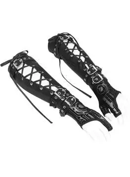 Model wearing long Gothic gloves with lace-up details, black fabric with metal accents, and fingerless design