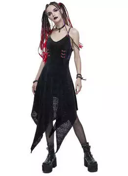 Front view of Katrina Dress in black with lace-up bodice, asymmetrical hem, and layered skirt