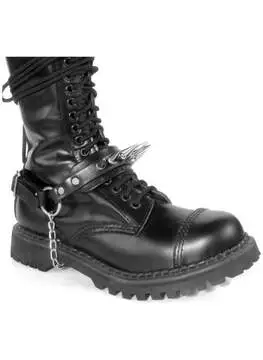 Front view of Long Spike Boot Harness Strap black combat boots with chain detail and lace-up front
