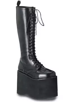 Side view of MEGA-602 black tall knee-high platform boots with lace-up front and chunky sole