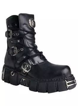 Front view of New Rock M1010 leather boots in black with chunky sole and multiple buckle straps