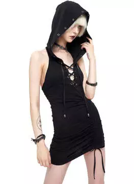 Front view of Nexus-6 Mini Dress with Over-sized Hood in black, featuring lace-up front and sleeveless design