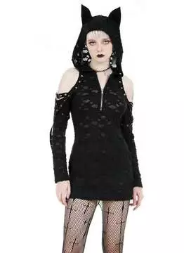 Front view of Punk Rock Kitty Dress with oversized hood and kitty ears, black with studded details