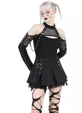 Front view of Riot Grrl Pleated Mini Skirt in black with side lace-up details and layered design