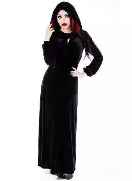Full-length view of Sophia Hooded Velvet Maxi Dress in black, with a fitted waist and hood, on a model