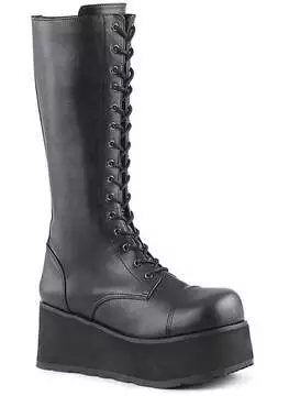 Front view of TRASHVILLE-502 black platform boots with lace-up front and chunky sole