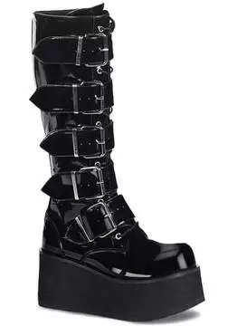 Front view of TRASHVILLE-518 men's black patent platform boots with multiple buckles and chunky sole