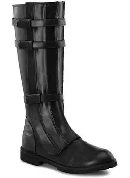 Full-length view of WALKER-130 black knee boots with buckle straps, side zipper, and chunky sole