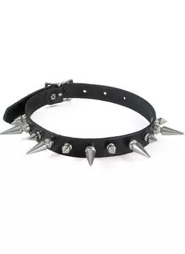 Close-up of Alternating Long and Short Spike Choker in black vegan leather with silver spikes