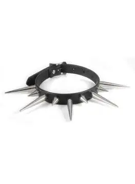 Black spike choker necklace with silver cone spikes on a white background