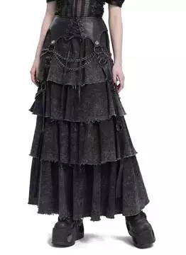 Close-up of black vegan leather tiered skirt with frayed edges and layered design