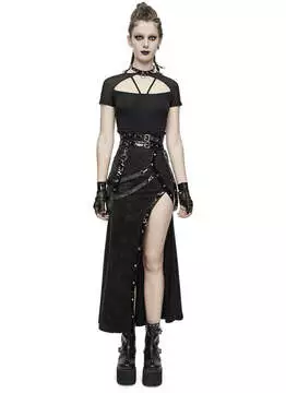 Front view of Anya Punk Skirt in black with sequins, high slit, and cut-out details, paired with accessories