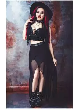 Full-body view of Aphrodite Women's Gothic Skirt with high slit, sheer fabric, and lace details
