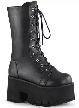 Side view of ASHES-105 lace-up platform boots in black vegan leather with chunky sole and high heel