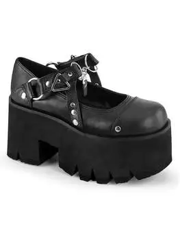 Front view of ASHES-33 platform Maryjane in black vegan leather with chunky sole and silver buckle details