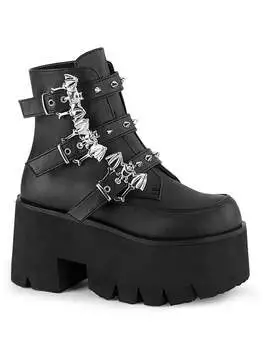 Side view of ASHES-55 Gothic Bat Platform Boots in black vegan leather with chunky sole and multiple buckle straps