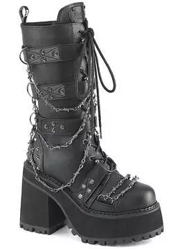 Front view of women's black combat boots with barbwire details, chunky heel, and lace-up design