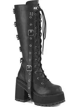 Front view of Demonia ASSAULT-218 black knee-high combat boots with chunky heel, metal eyelets, and laces