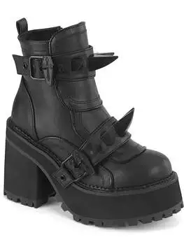 Front view of ASSAULT-72 Claw Spike Platform Boots in black vegan leather with chunky heel and spike details