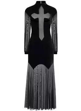 Front view of Athena Cross Maxi Dress with black mesh long sleeves and silver cross embellishment