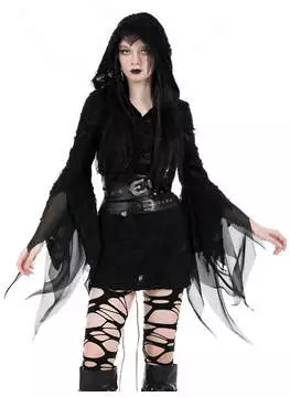 Full view of Aurora Ragged Slim Gothic Dress in black with sheer, layered fabric and distressed details