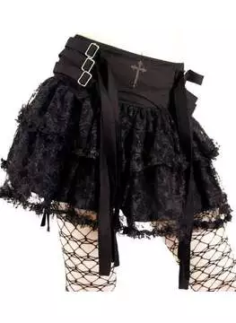 Front view of Axle Mini Denim Skirt with black lace overlay, chain details, and fishnet stockings