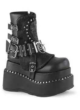 Side view of BEAR-150 platform boots in black with chunky sole, multiple straps, and silver hardware