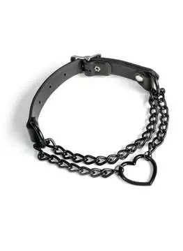 Close-up of Leather Pull Chain Choker with black hardware, chain detail, and heart-shaped charm