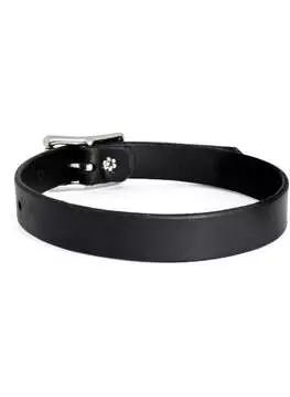 Close-up of black leather buckle choker with silver buckle and adjustable strap