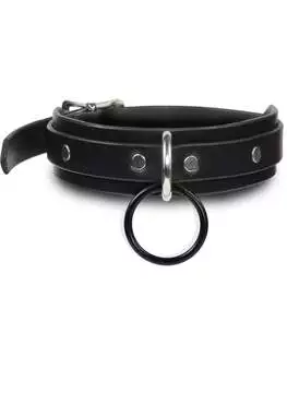 Close-up of leather choker with black ring and silver D-ring, featuring metal eyelets and buckle