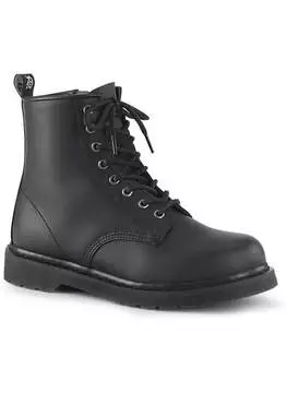 Side view of black BOLT-100 8 eyelet combat boots with lace-up front and chunky sole