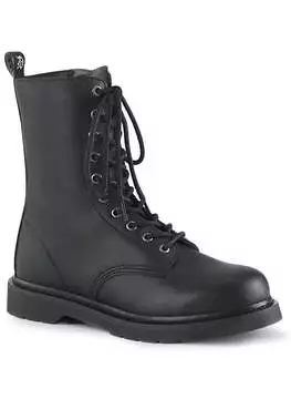 Front view of BOLT-200 10 Eyelet Combat Boot in black with lace-up closure and chunky sole