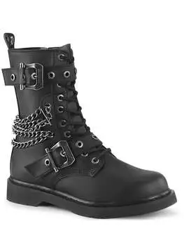 Front view of BOLT-250 chained combat boots in black vegan leather with buckles and chain details