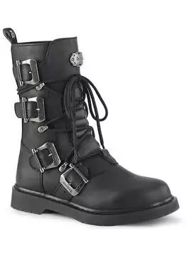 Front view of BOLT-265 4 buckle combat boots in black vegan leather with lace-up closure and buckle details