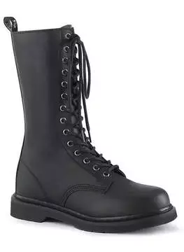 Front view of BOLT-300 14 eyelet combat boots in black with lace-up closure and chunky sole
