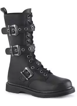 Front view of BOLT-330 3 Strap Buckle Boots in black with metal buckles and lace-up closure
