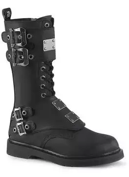 Front view of BOLT-345 armored combat boots in black with multiple metal buckles and laces