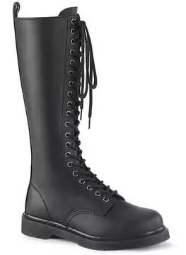 Front view of BOLT-400 20 eyelet combat boots in black with lace-up closure and chunky sole